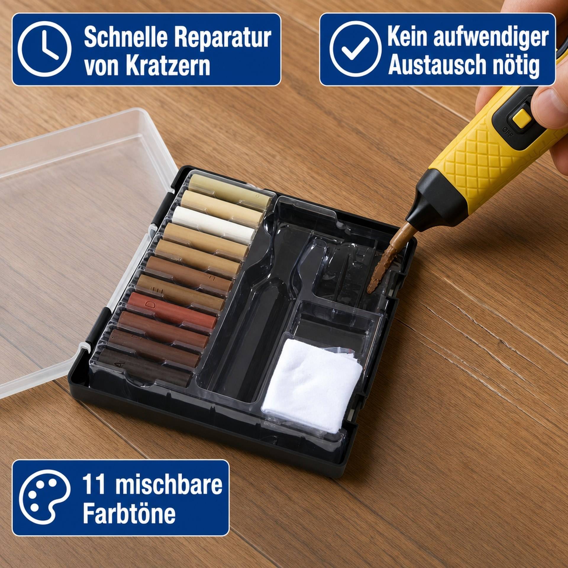 Reparatur-Set für Laminat und Parkett mit 11 Farben Hartwachsstangen-6
