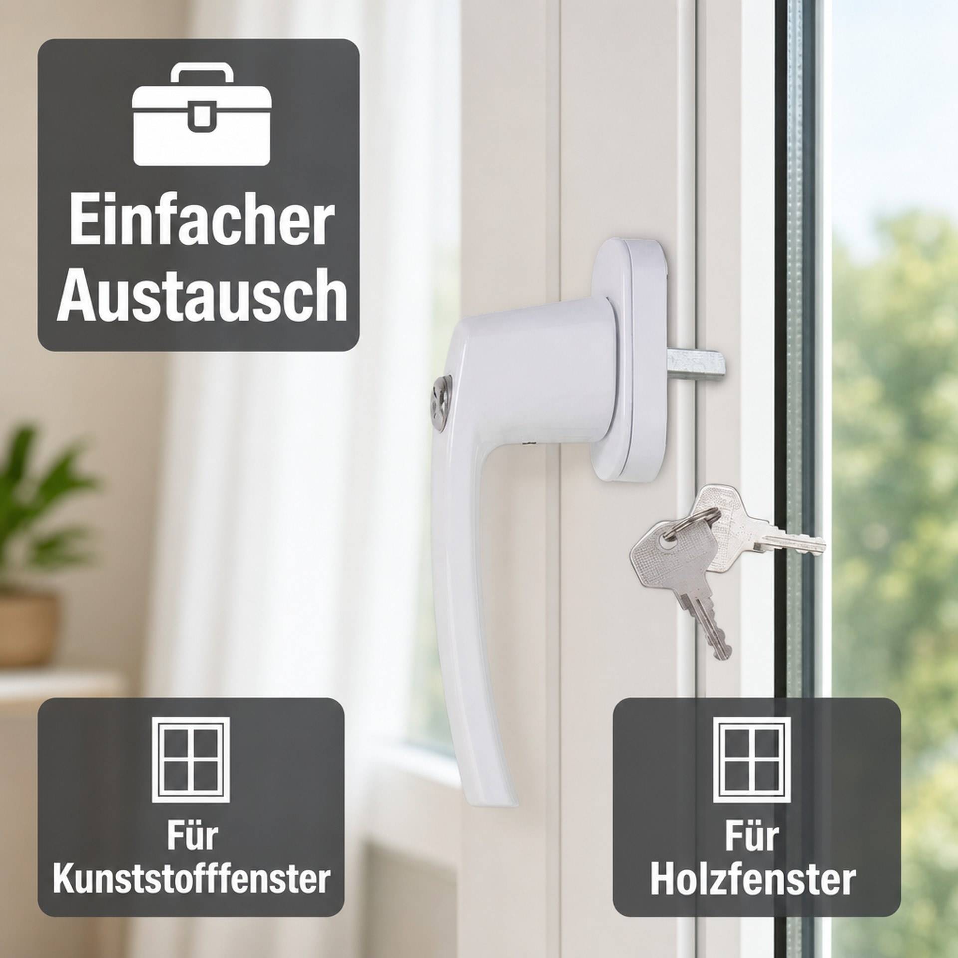 Fenstergriff, abschließbar, mit 2 Schlüsseln, Farbe weiß-4