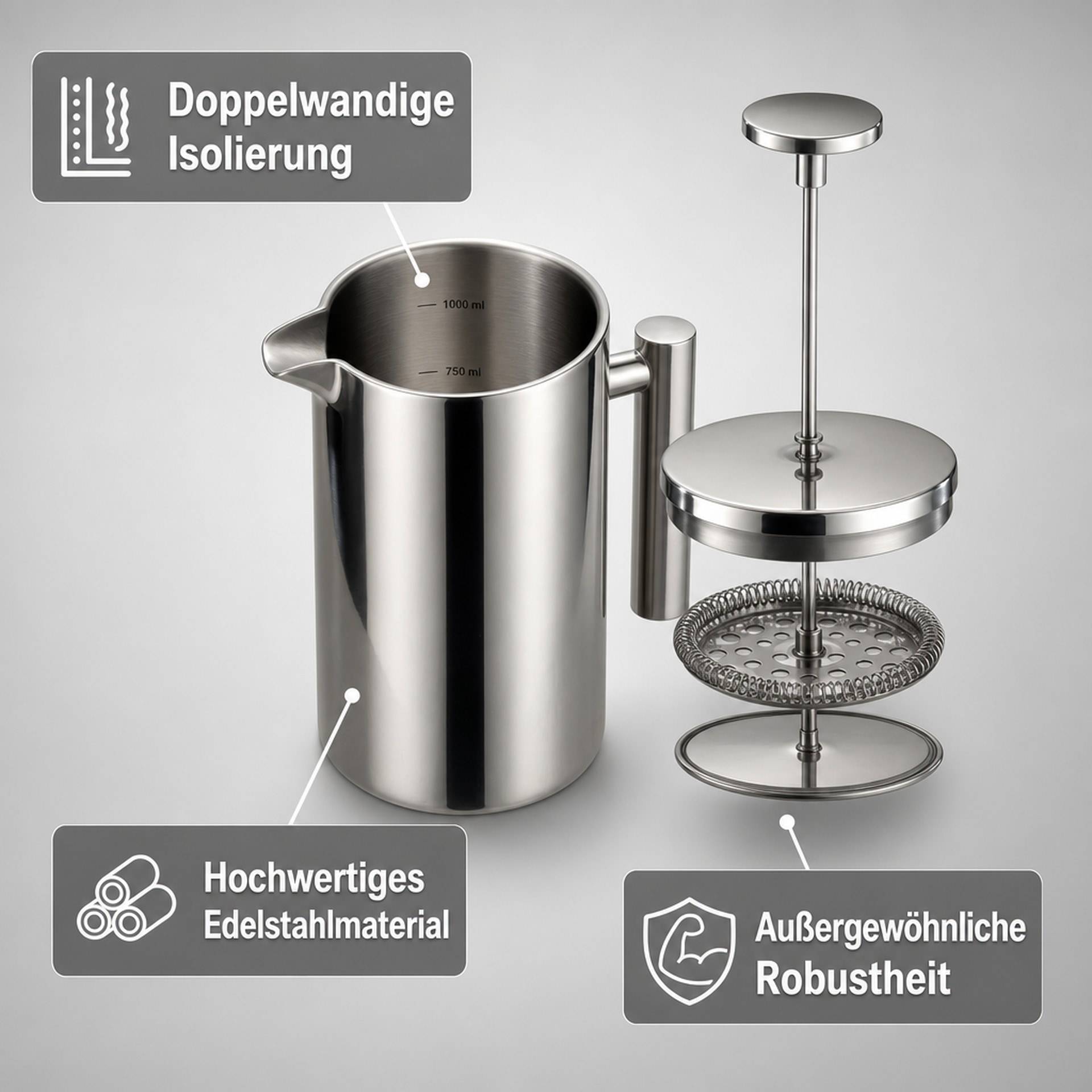 Thermo Kaffeezubereiter French Press, Edelstahl-5