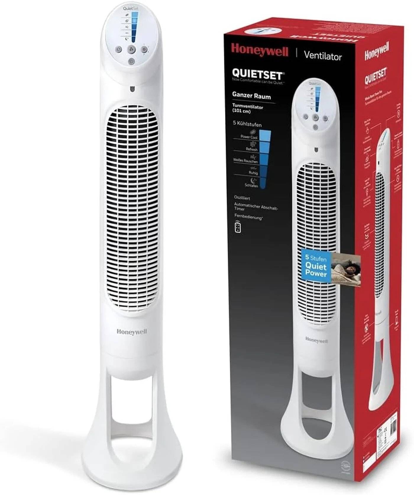 Honeywell HYF260 QuietSet Turmventilator, 5 Stufen, 80° Oszillation, Fernbedienung, Weiß-0