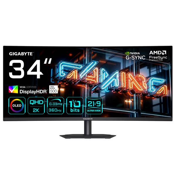 Gigabyte MO34WQC36 OLED Gaming Monitor Curved, 86,8 cm (34"), 3.440x 1440 WQHD, 0,03ms, HDMI, DP, USB, Speaker
