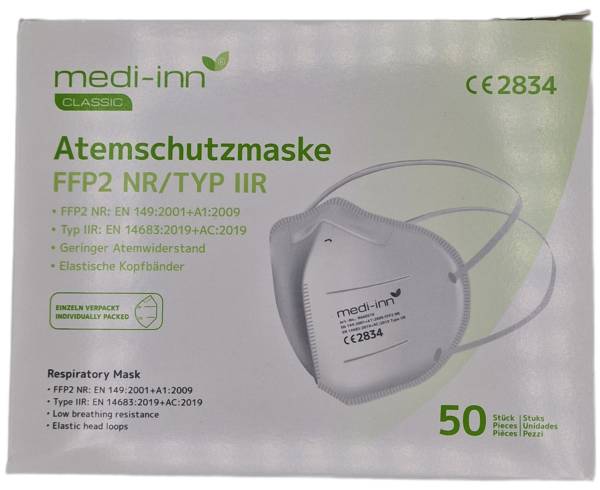 FFP2 Atemschutzmaske Medi Inn, 4-lagig, Kopfband, einzeln verpackt, weiß, 50 Stück