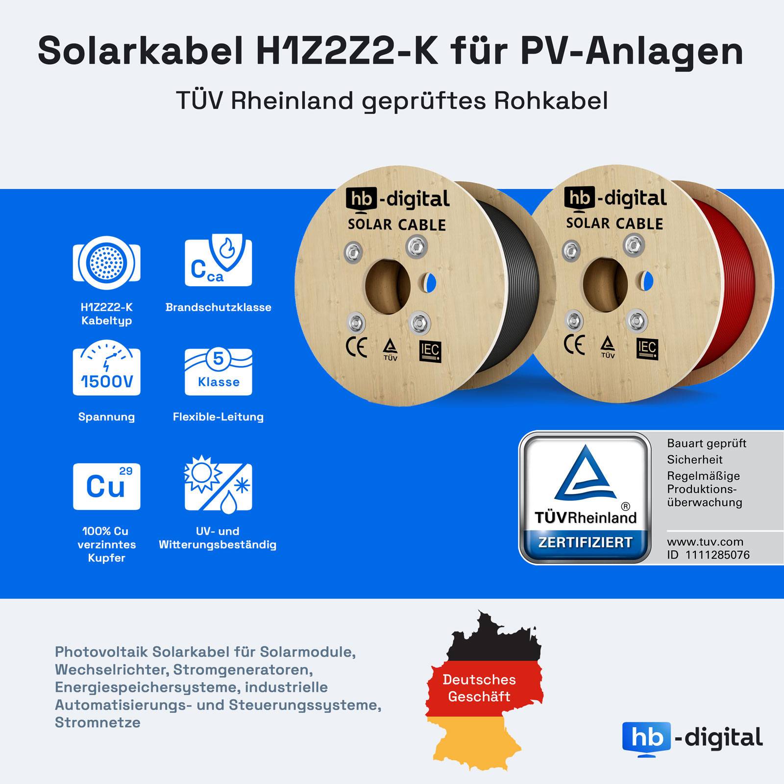 hb-digital 2x2m Solar Anschlusskabel Set H1Z2Z2-K 4mm2 1500V-1