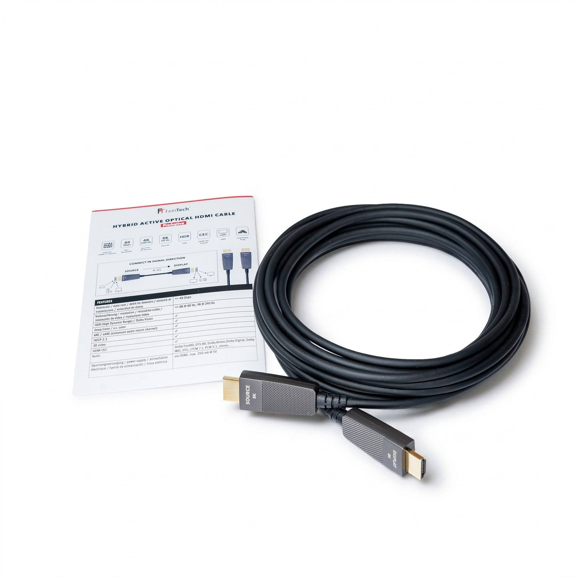 FeinTech ProAqtive HDMI Glasfaserkabel 10m Hybrid-Kabel AOC 48Gbps eARC CEC-5