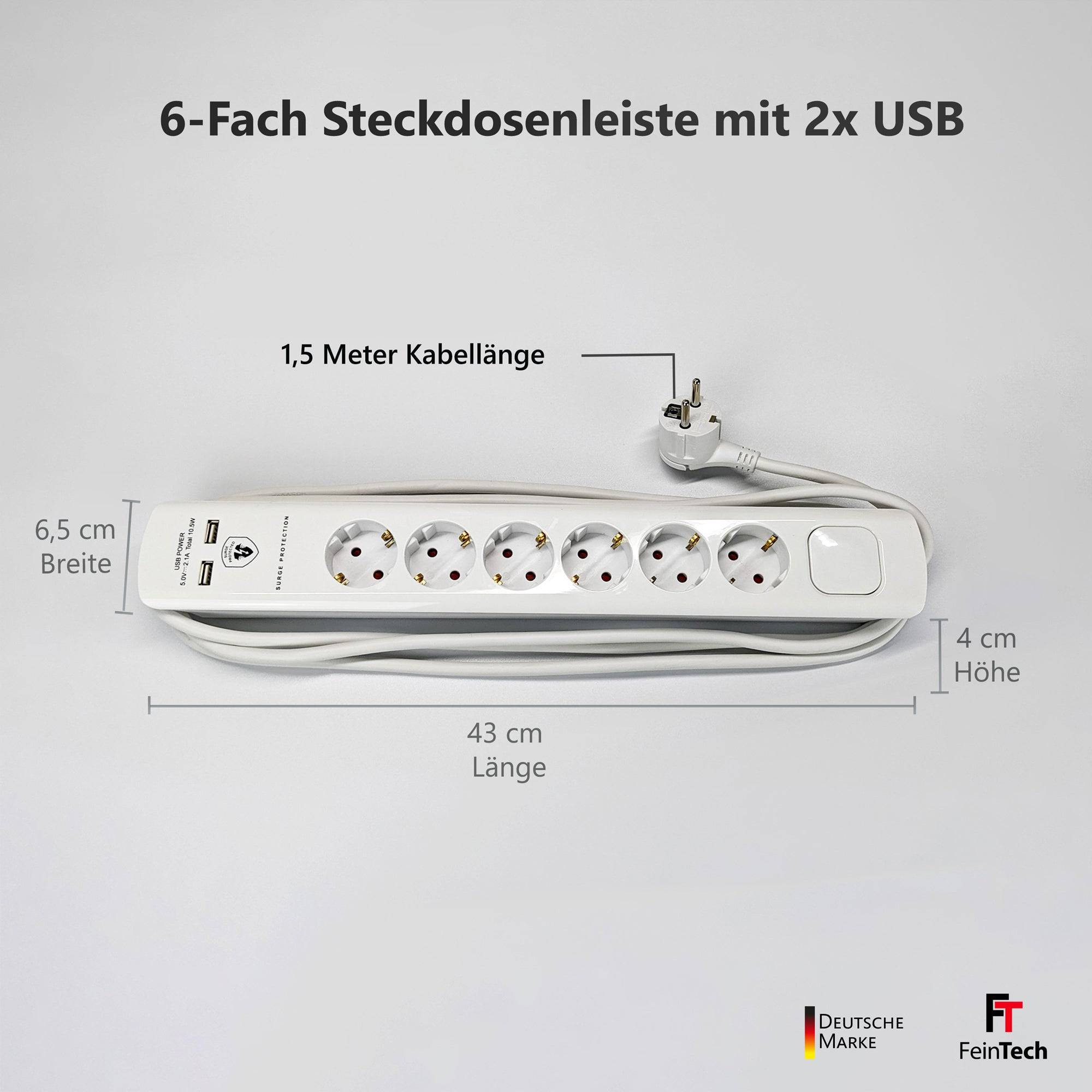 FeinTech MD000632 Überspannungsschutz-Steckdosenleiste 6-fach mit Schalter USB Flachstecker 1,5 m Kabel-3
