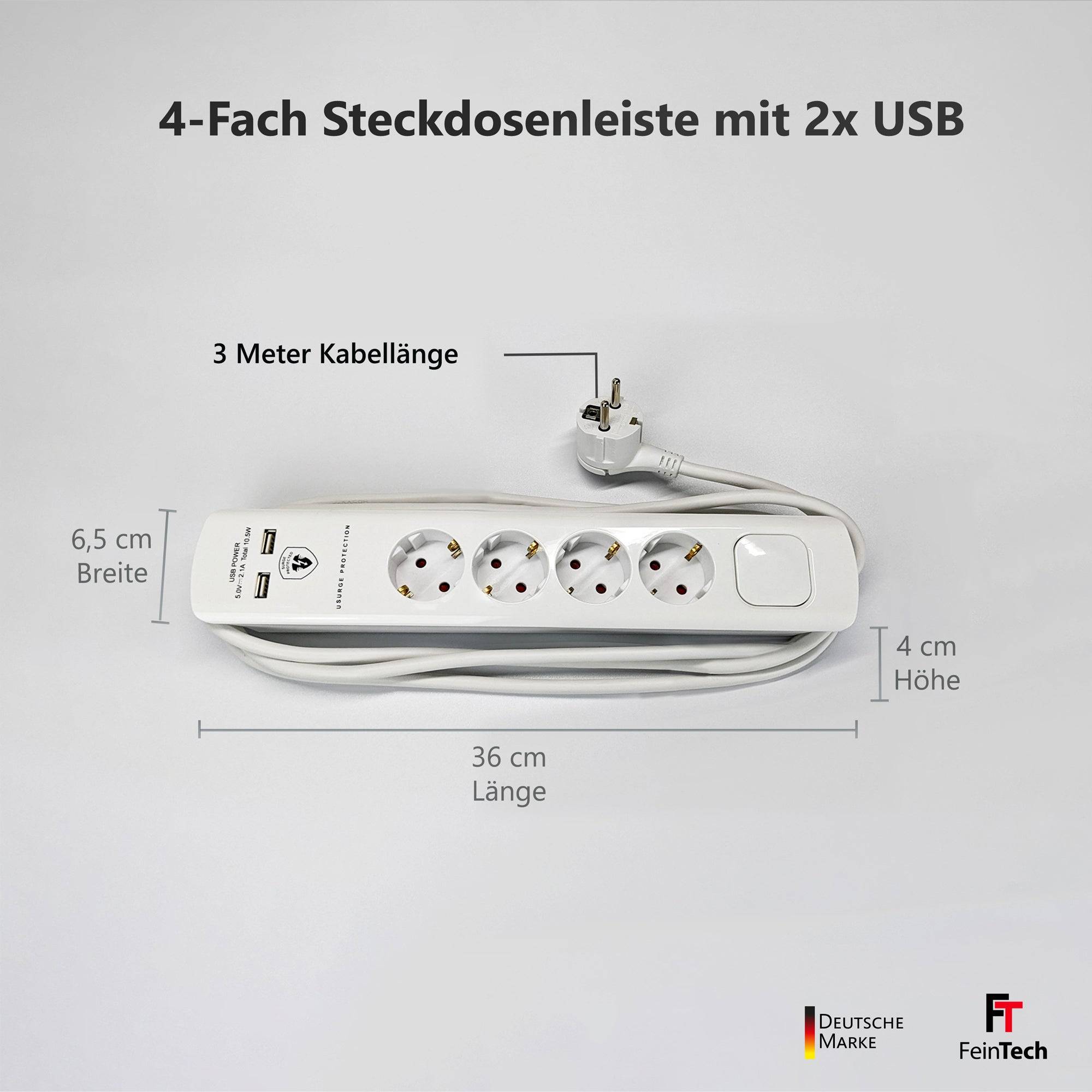 FeinTech MD000433 Überspannungsschutz-Steckdosenleiste 4-fach mit Schalter USB Flachstecker 3 m Kabel-3