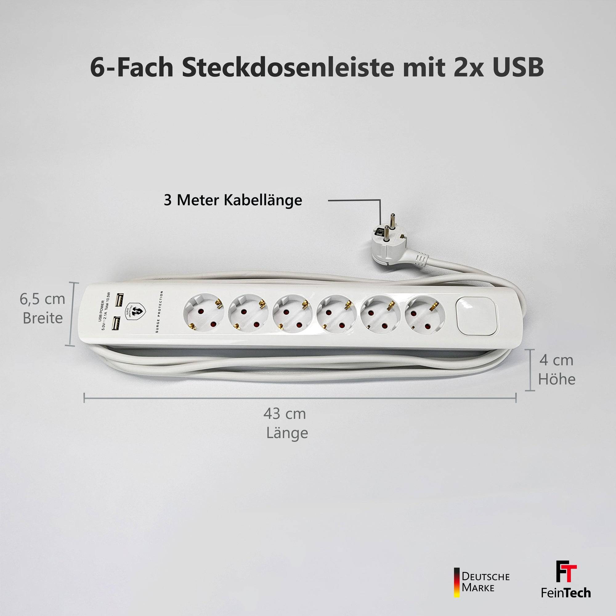 FeinTech MD000633 Überspannungsschutz-Steckdosenleiste 6-fach mit Schalter USB Flachstecker 3 m Kabel-3