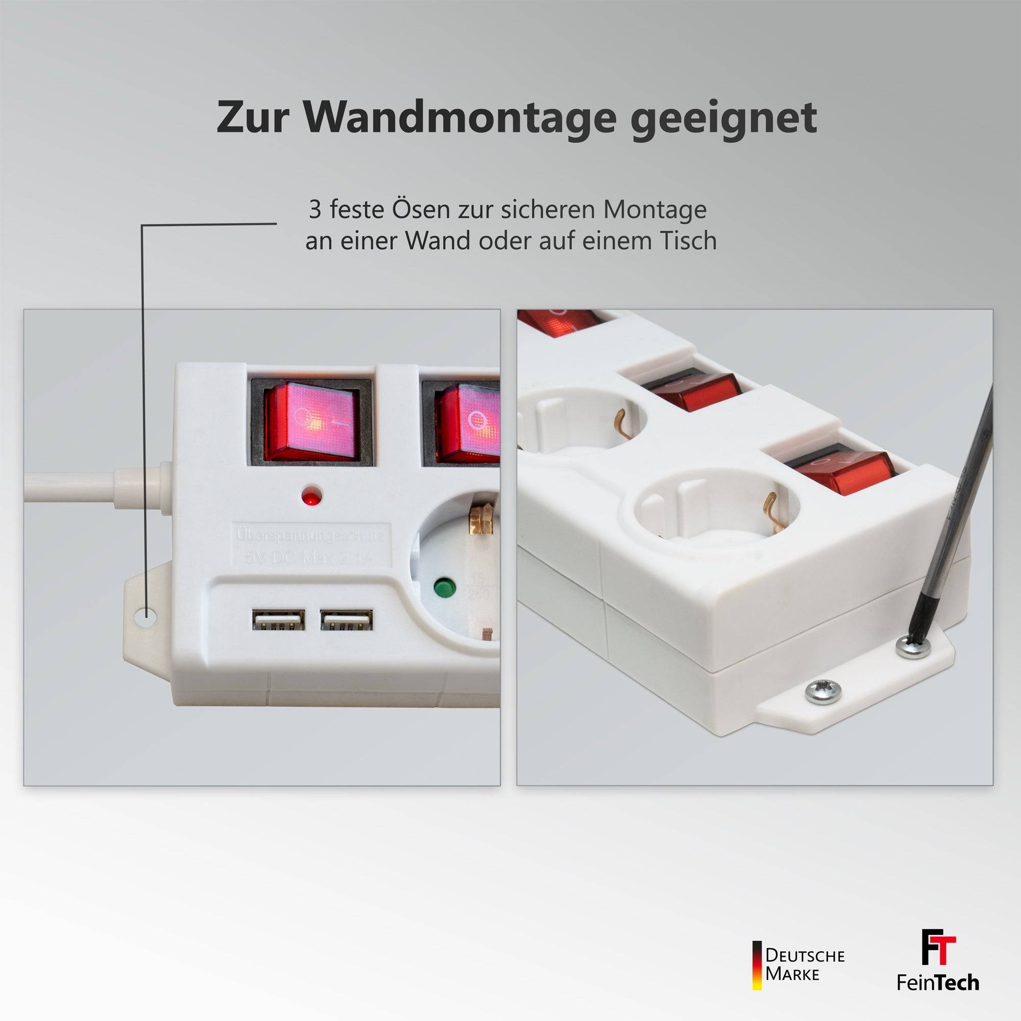 FeinTech MD000652 Überspannungsschutz-Steckdosenleiste 6-fach mit USB einzeln schaltbar-3