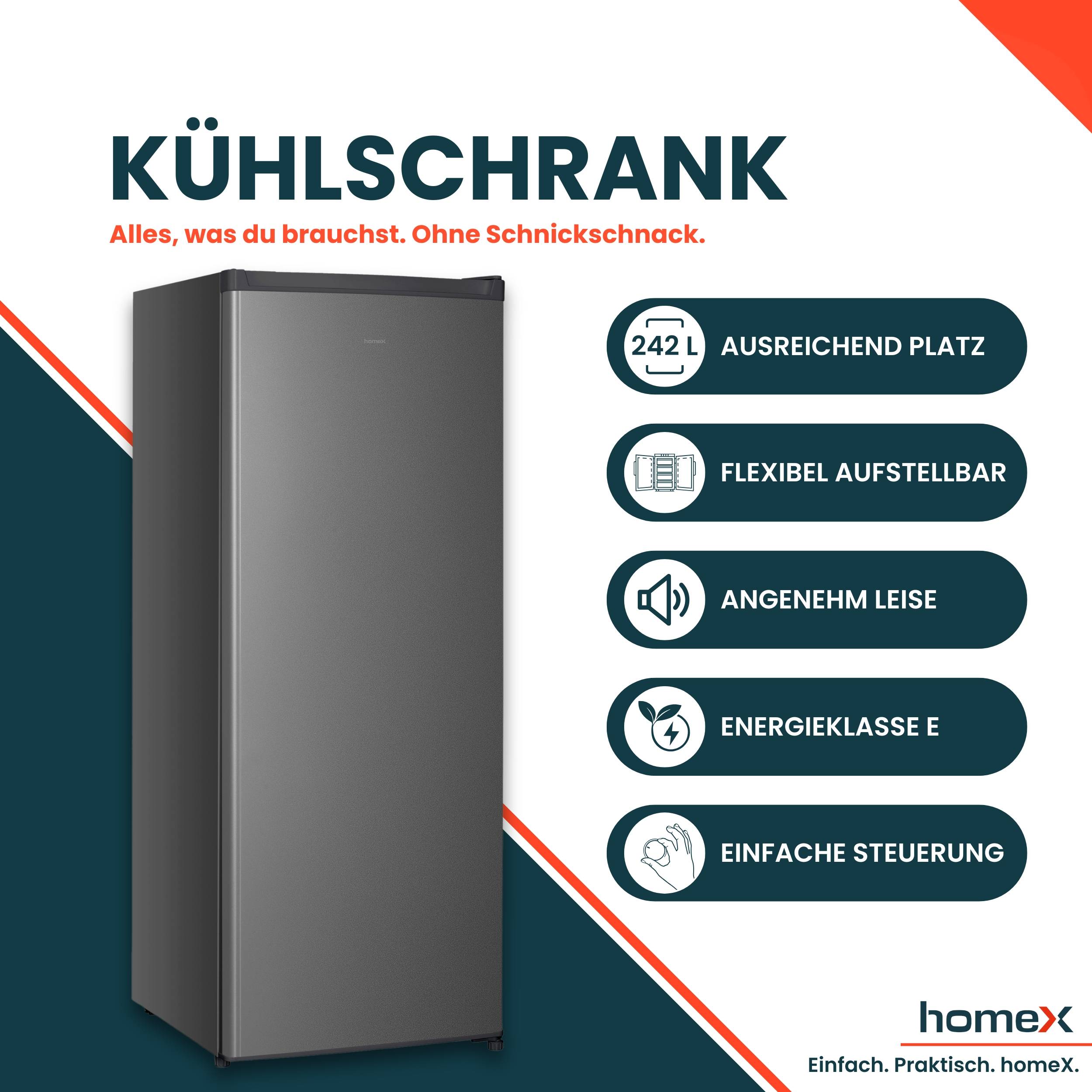 homeX CS2422E-S Kühlschrank ohne Gefrierfach groß, freistehender Vollraumkühlschrank - 242 Liter, 143 cm hoch, silber-2