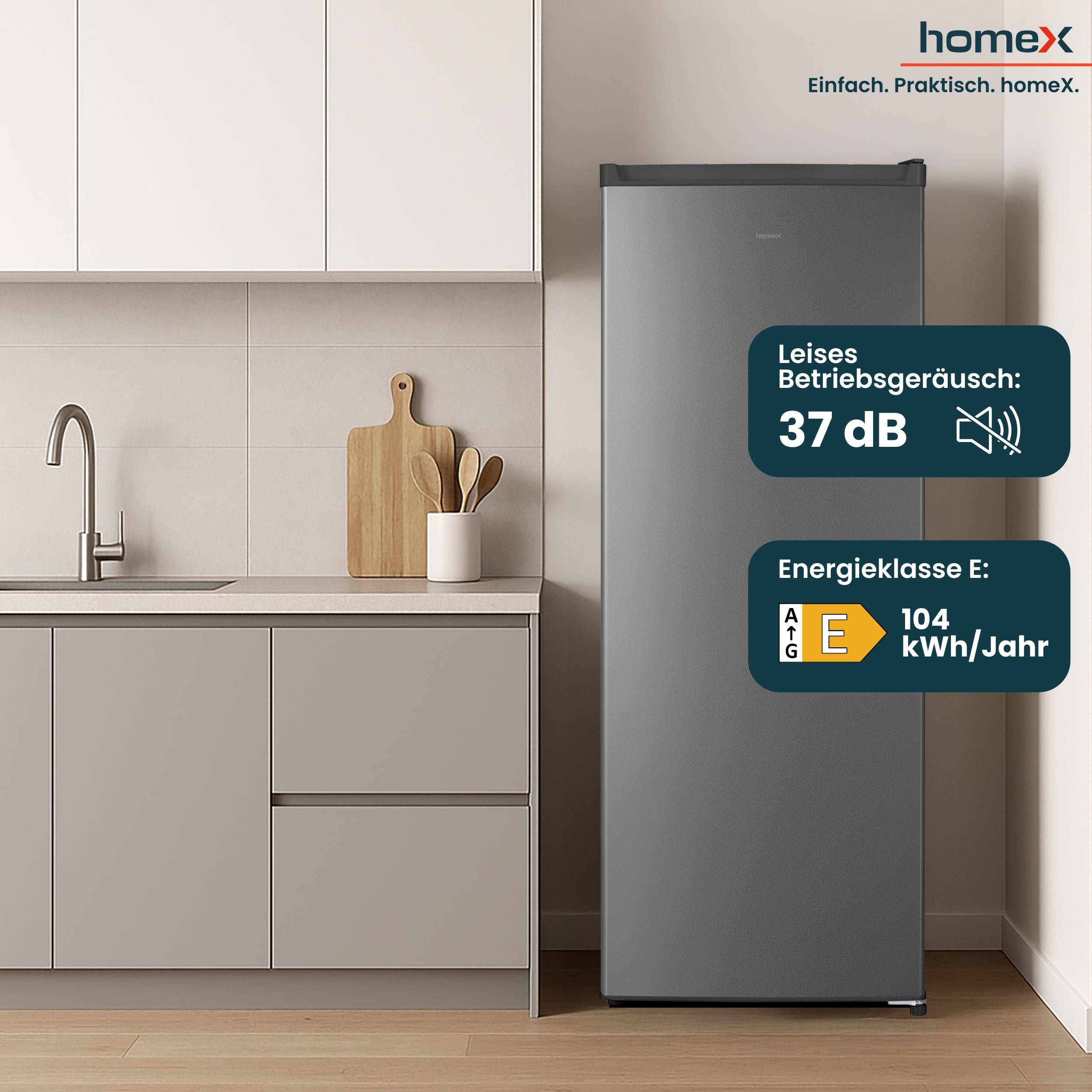 homeX CS2422E-S Kühlschrank ohne Gefrierfach groß, freistehender Vollraumkühlschrank - 242 Liter, 143 cm hoch, silber-4