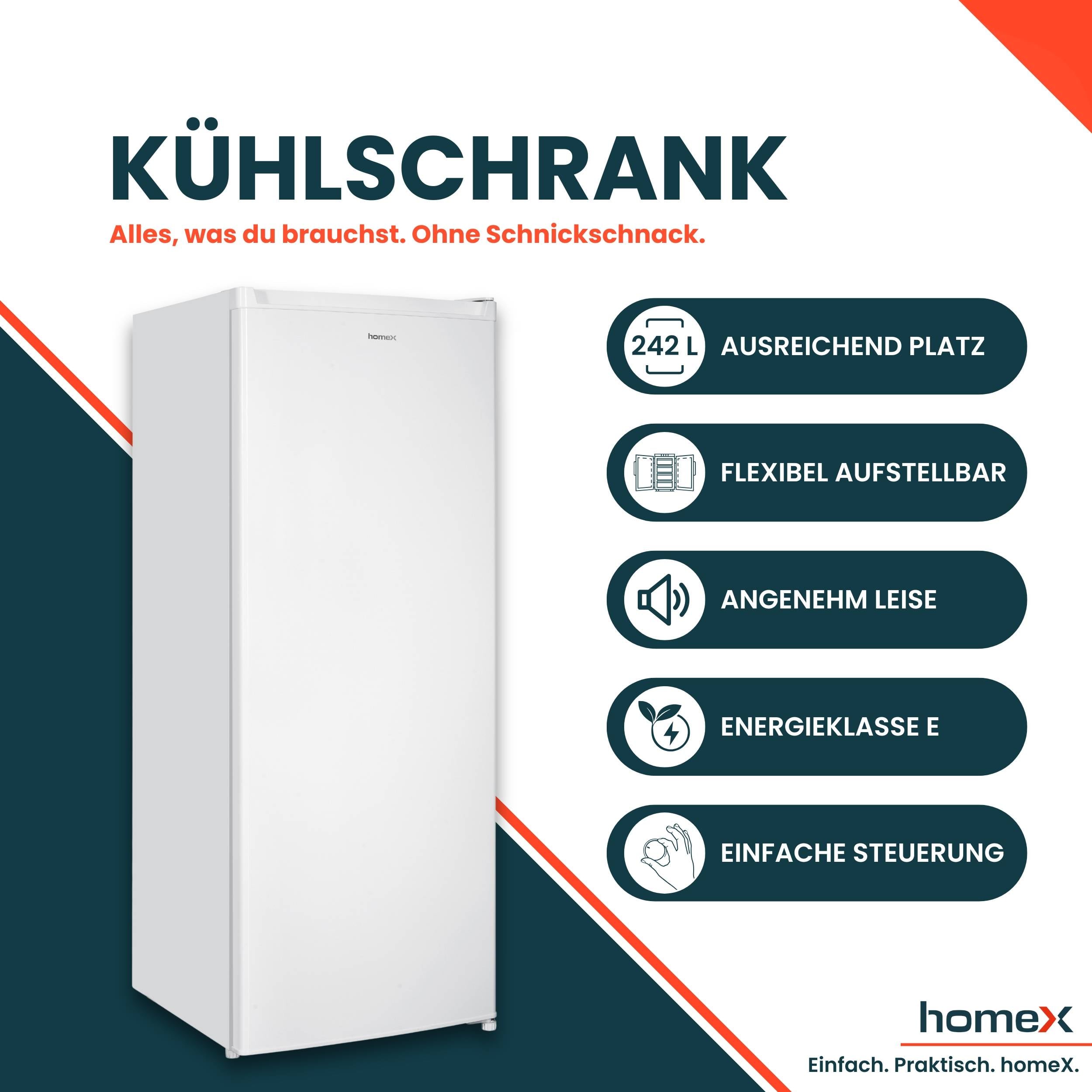 homeX CS2422E-W Kühlschrank ohne Gefrierfach groß, freistehender Vollraumkühlschrank - 242 Liter, 143 cm hoch, weiß-1