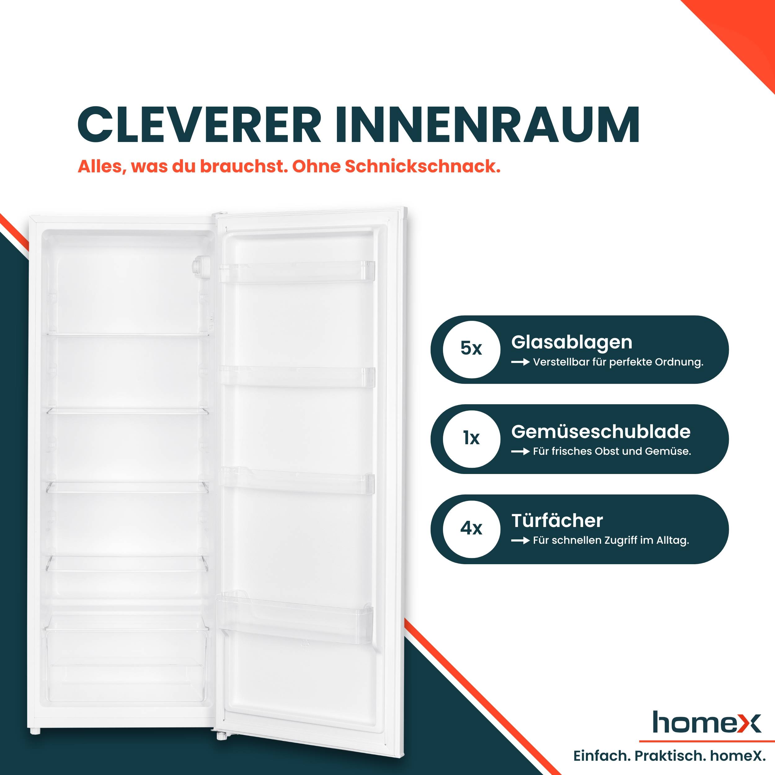 homeX CS2422E-W Kühlschrank ohne Gefrierfach groß, freistehender Vollraumkühlschrank - 242 Liter, 143 cm hoch, weiß-2