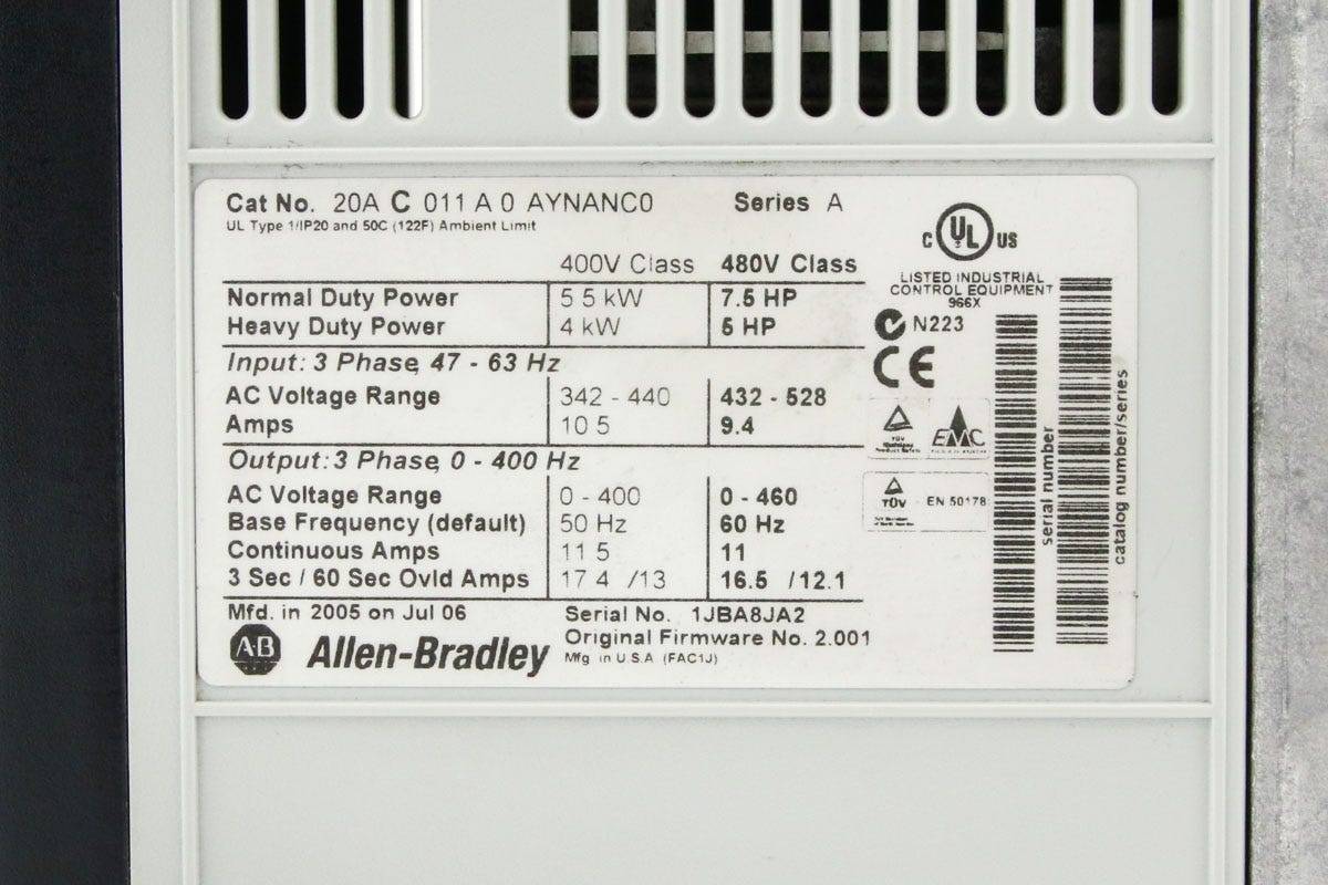 Allen-Bradley 20AC011A0AYNANC0 Allen-Bradley 0820919213762 PowerFlex70 AC Drive, 400 VAC, 3 PH, 11.5 Amps, 5.5 kW Normal-4