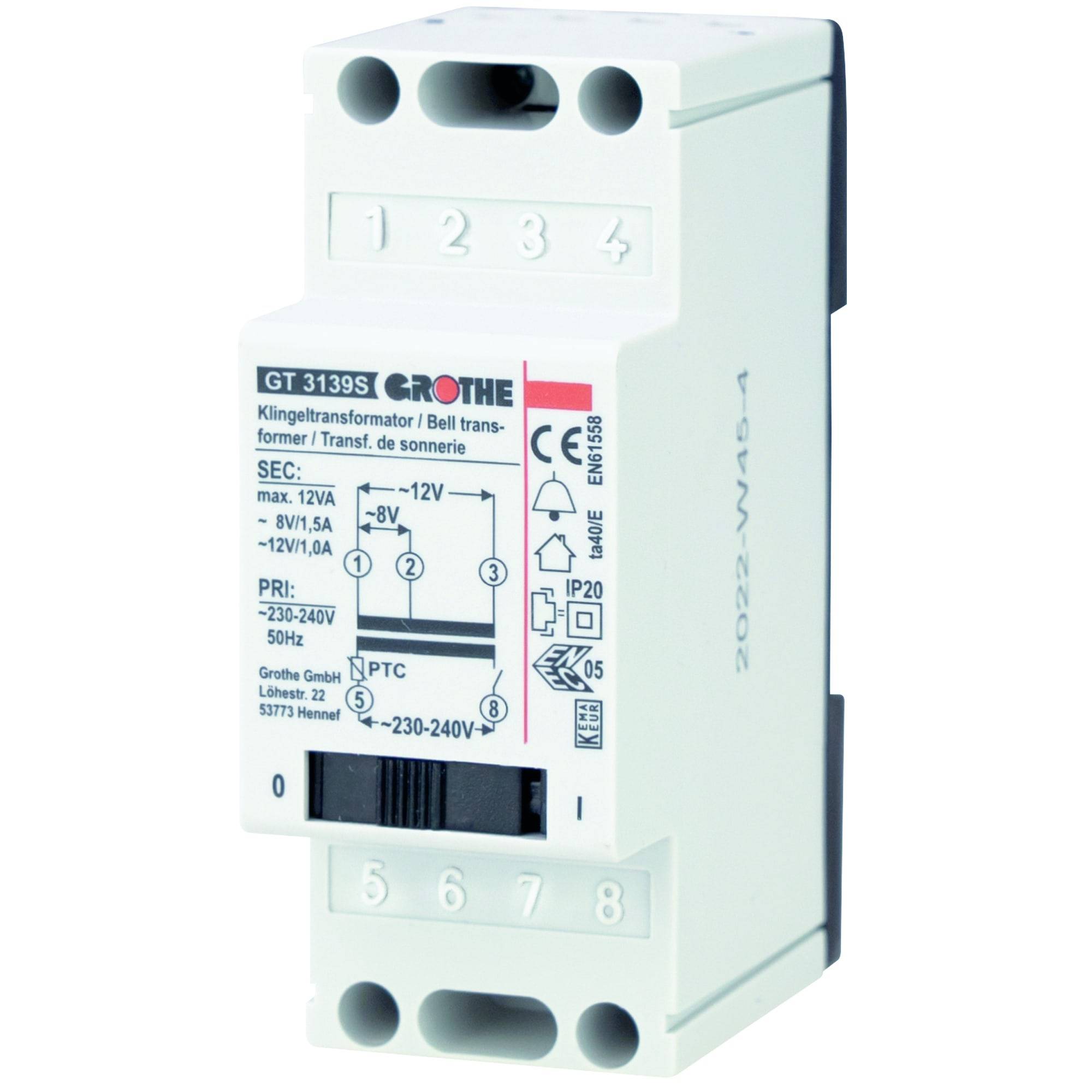 GRO Trafo 8/12V AC mit 14049 GT 3139 S Schalter 1,3/1,0A REG-0