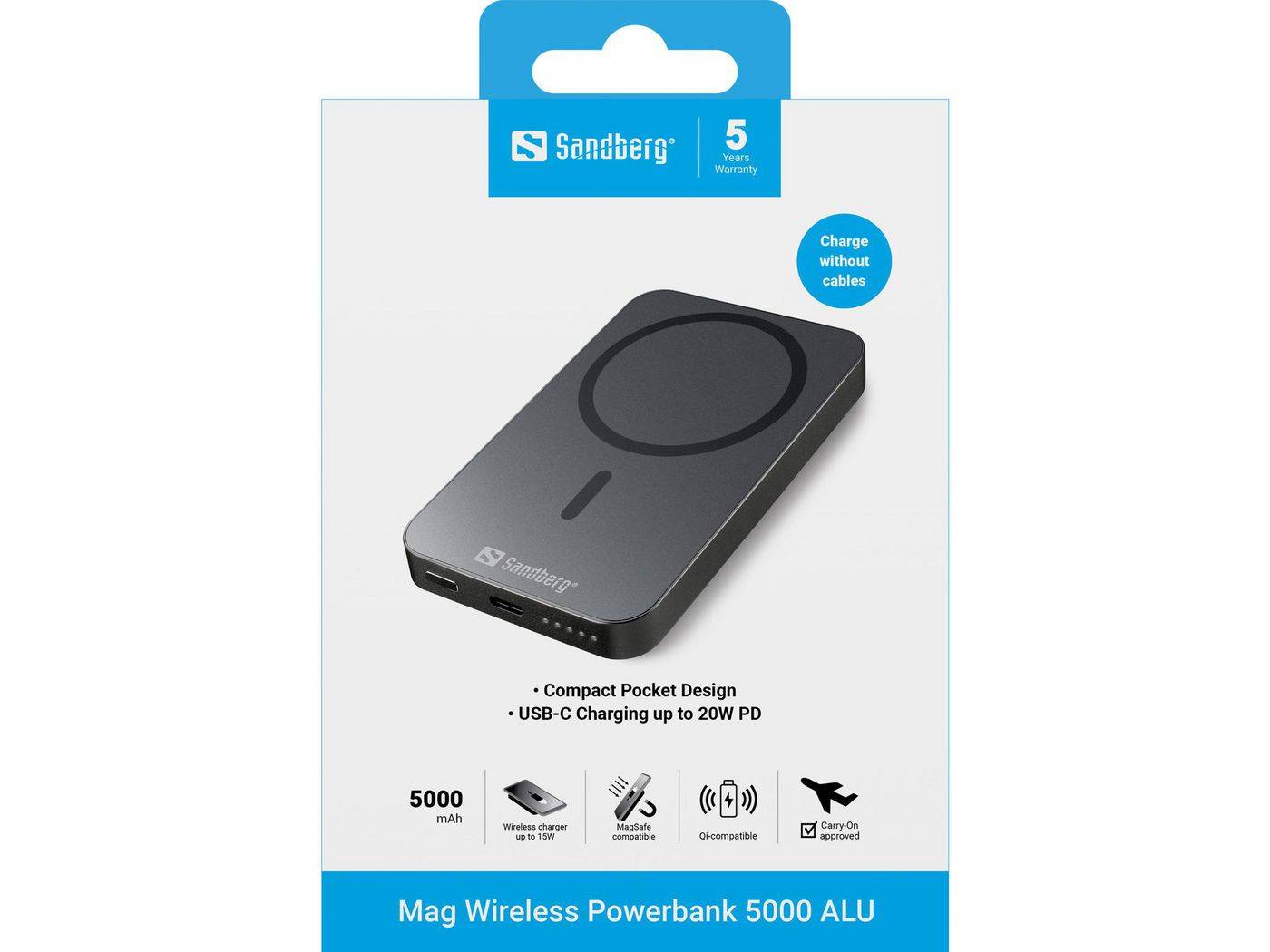 SANDBERG Mag Wireless Powerbank 5000 ALU - 20 W - 15 W-3