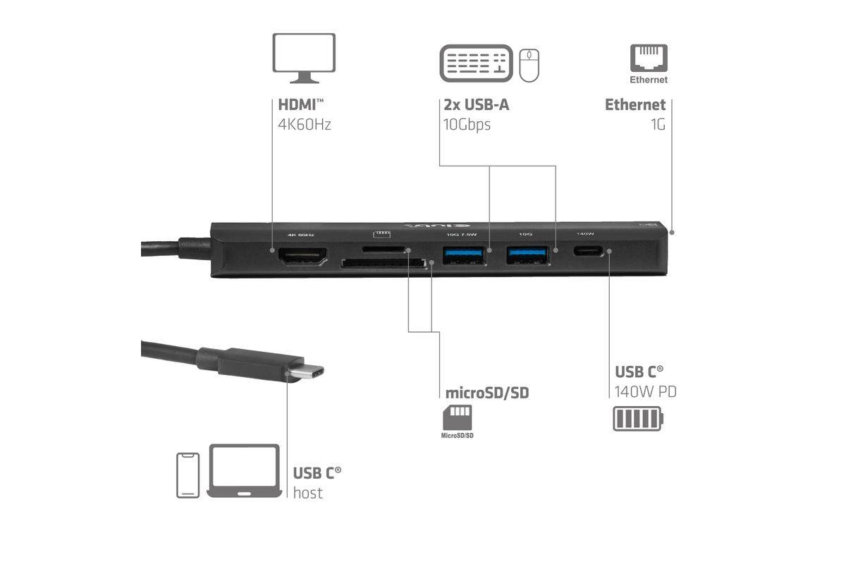Club3D USB-C 7in1-HUB >HDMI/2xUSB/USB-C/LAN 4K60Hz PD140W retail Multimedia-Technik HUBs-5