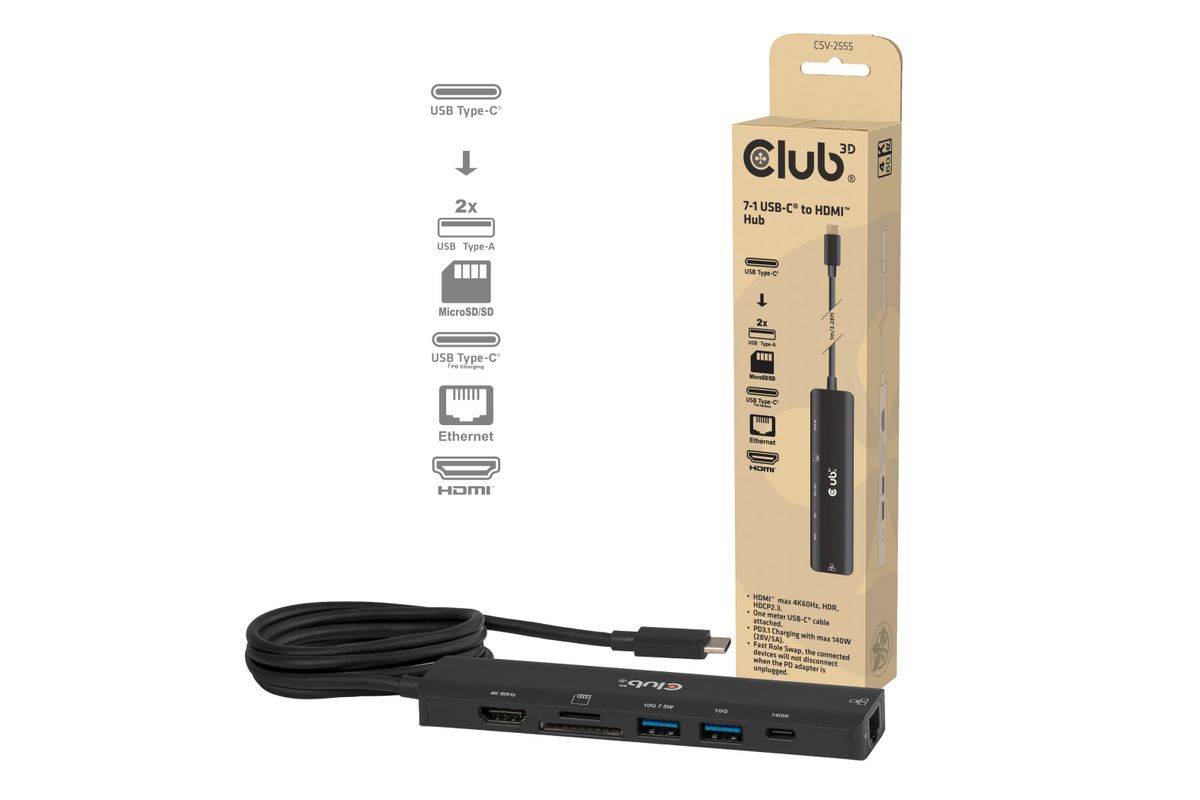 Club3D USB-C 7in1-HUB >HDMI/2xUSB/USB-C/LAN 4K60Hz PD140W retail Multimedia-Technik HUBs-0