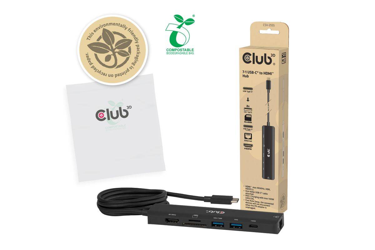 Club3D USB-C 7in1-HUB >HDMI/2xUSB/USB-C/LAN 4K60Hz PD140W retail Multimedia-Technik HUBs-4