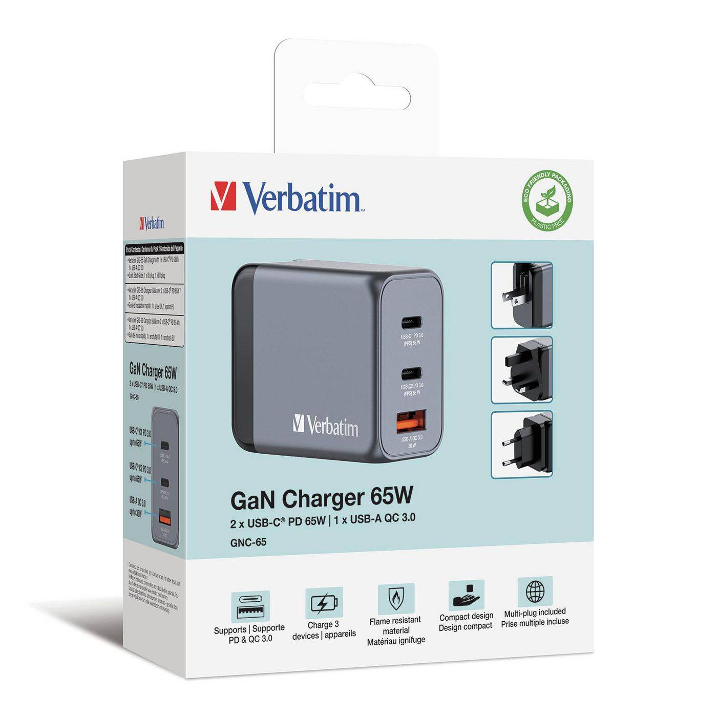 Verbatim GaN Charger 65 W, 3 Ports USB-C Ladegerät, Power Adapter mit 2 x USB-C und 1 x USB-A, Schnellladegerät-6