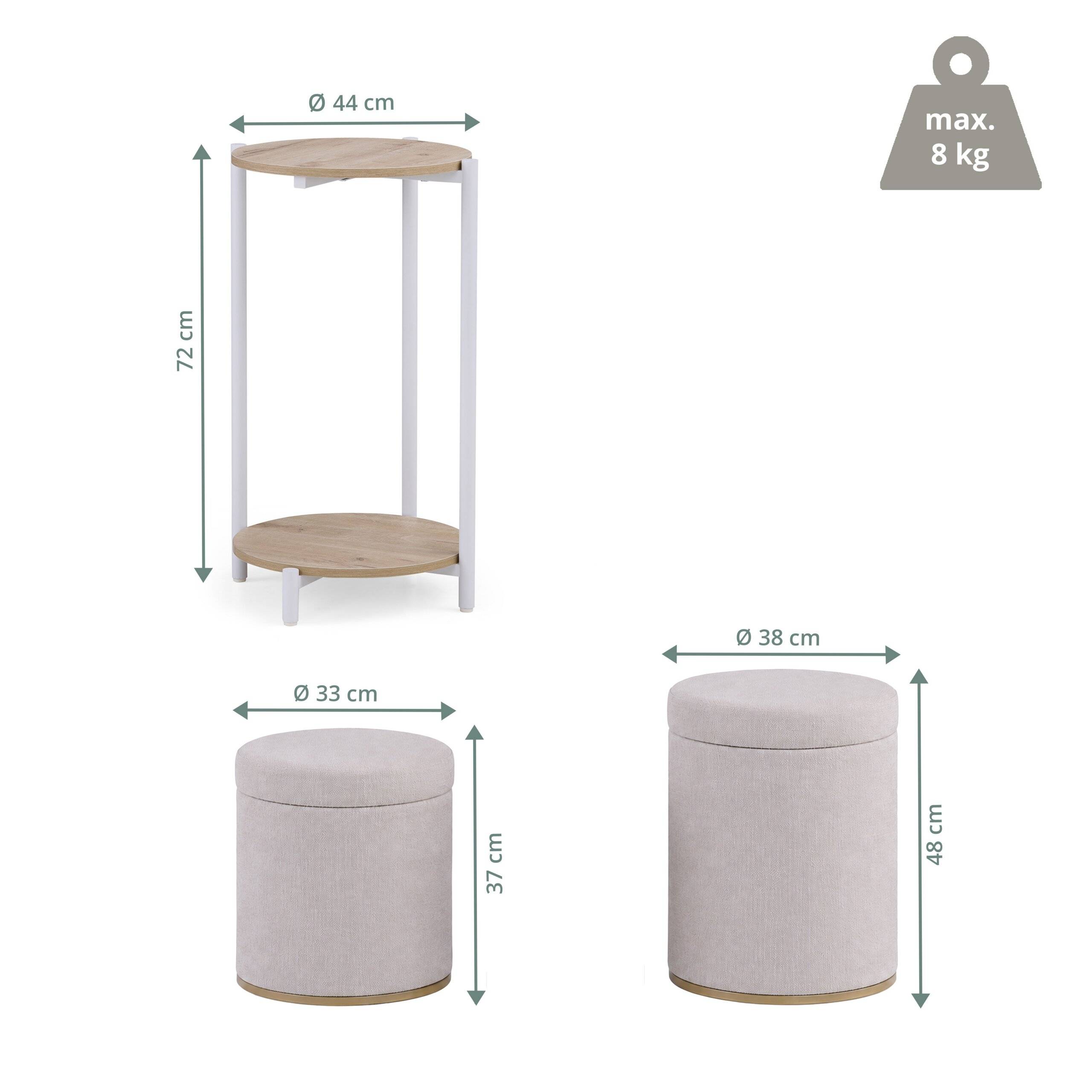 Couchtisch inkl. 2 Sitzhocker mit Stauraum Nestup 1 weiß eiche hjh LIVING-1