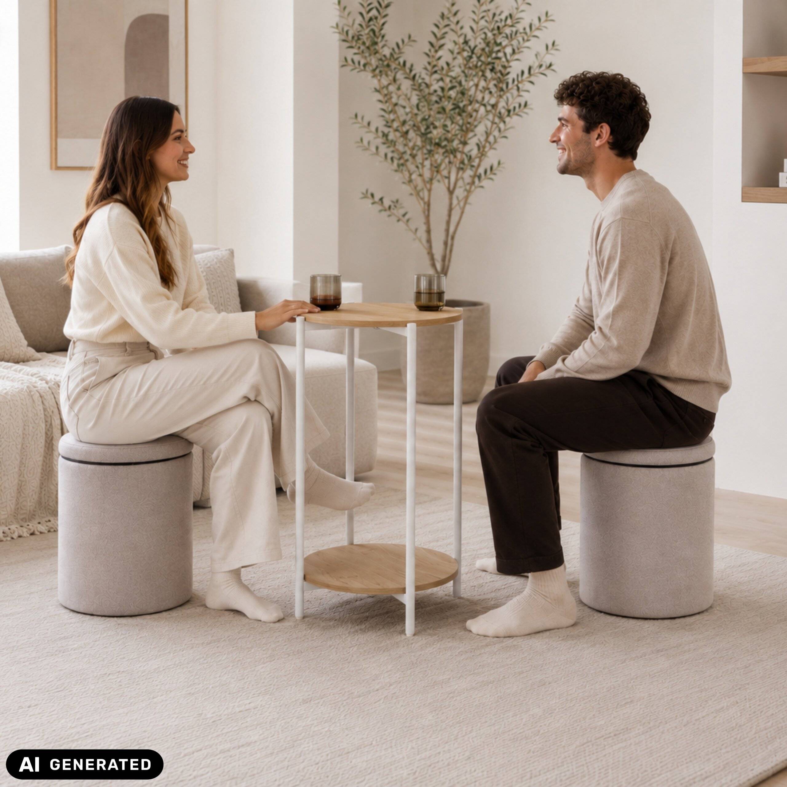 Couchtisch inkl. 2 Sitzhocker mit Stauraum Nestup 1 weiß eiche hjh LIVING-4