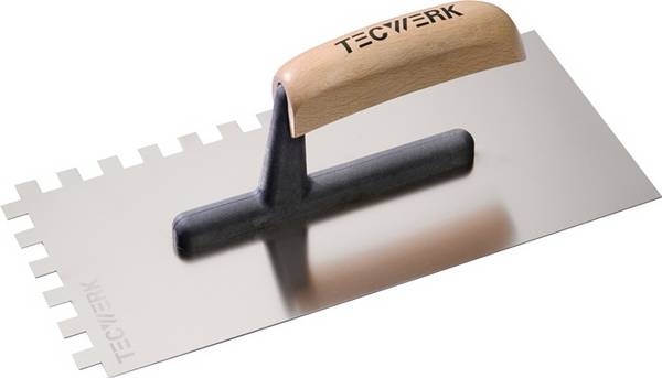 Glättekelle L.280mm B.130mm Zahn 10x10 rostfr.H-Heft VA S.0,7mm TECWERK