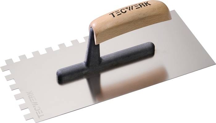 Glättekelle L.280mm B.130mm Zahn 10x10 rostfr.H-Heft VA S.0,7mm TECWERK-0