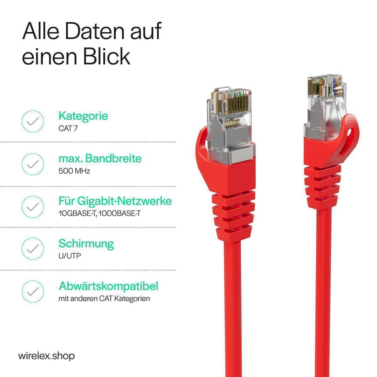 Netzwerkkabel RJ45 Patchkabel, LAN-Kabel U/UTP, CAT 7 Rohkabel, bis 10 Gbit/s 2,00m Rot-1