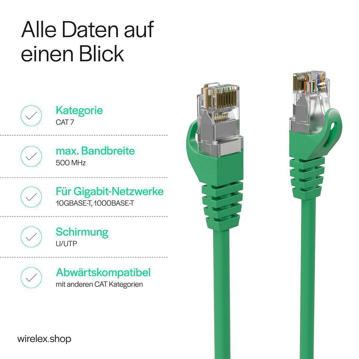 Netzwerkkabel RJ45 Patchkabel, LAN-Kabel U/UTP, CAT 7 Rohkabel, bis 10 Gbit/s 1,00m Grün-4