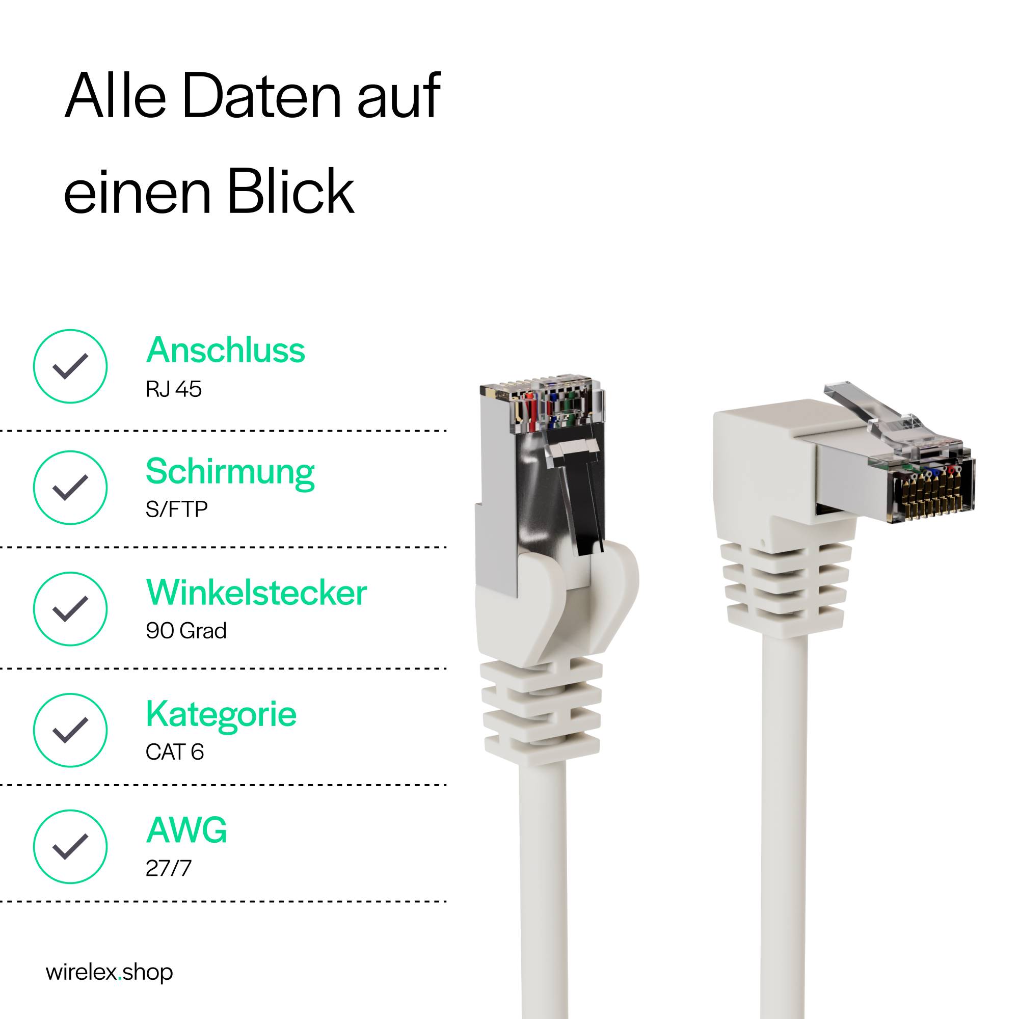 Netzwerkkabel RJ45, LAN Kabel, einseitig gewinkelt 90°, Cat 6, S/FTP, PIMF 3,00m Weiß-4