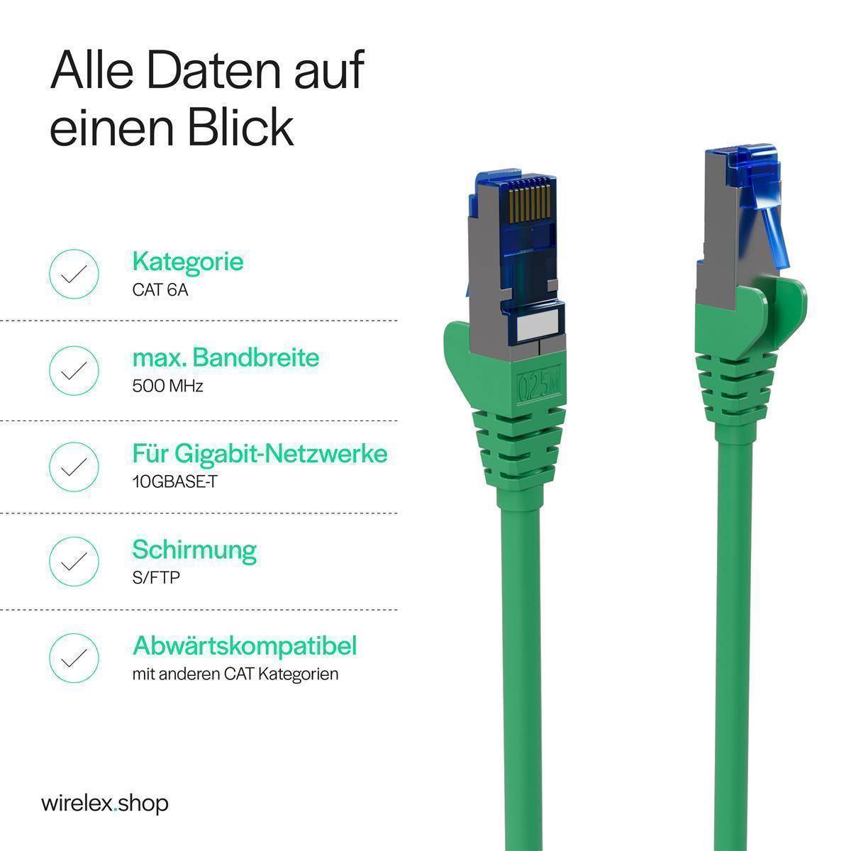 Netzwerkkabel, RJ45 LAN Kabel, Ethernet Cat 6A, S/FTP, PIMF, vergoldete Kontakte Grün 0,50m-3