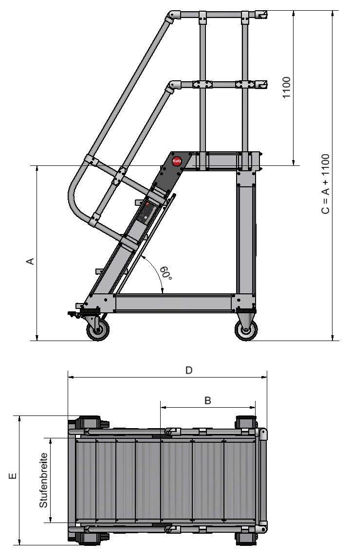 Hailo fahrbare Plattformtreppe Neigung 60° Stufenbreite 600mm 10 Stufen-2