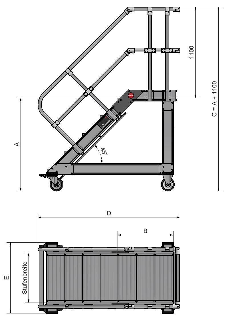 Hailo fahrbare Plattformtreppe Neigung 45° Stufenbreite 600mm 6 Stufen-2