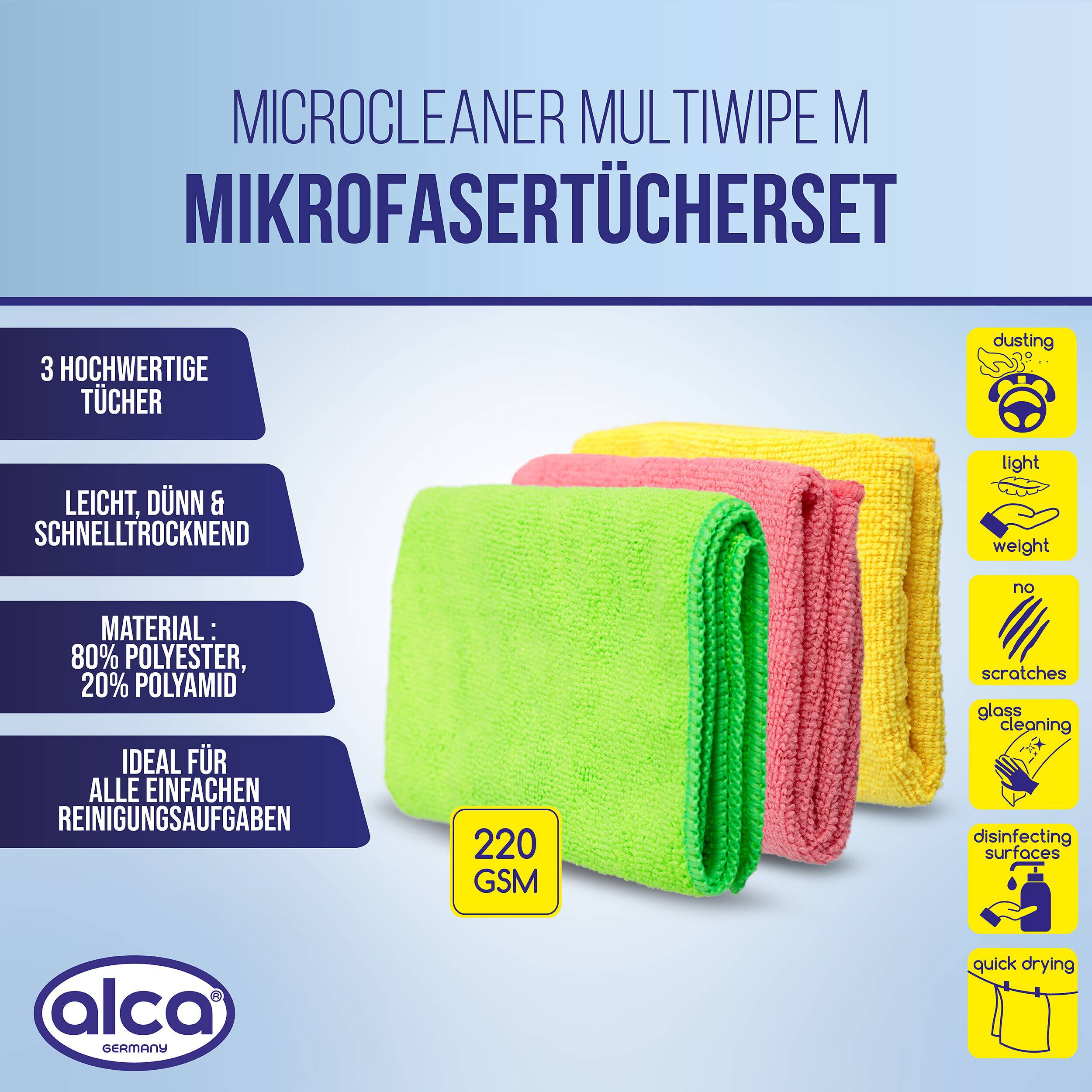 alca® Mikrofasertuch (3er Set), leicht, dünn & schnelltrocknend gelbgrünrosa, für häufigen Einsatz geeignet,-1