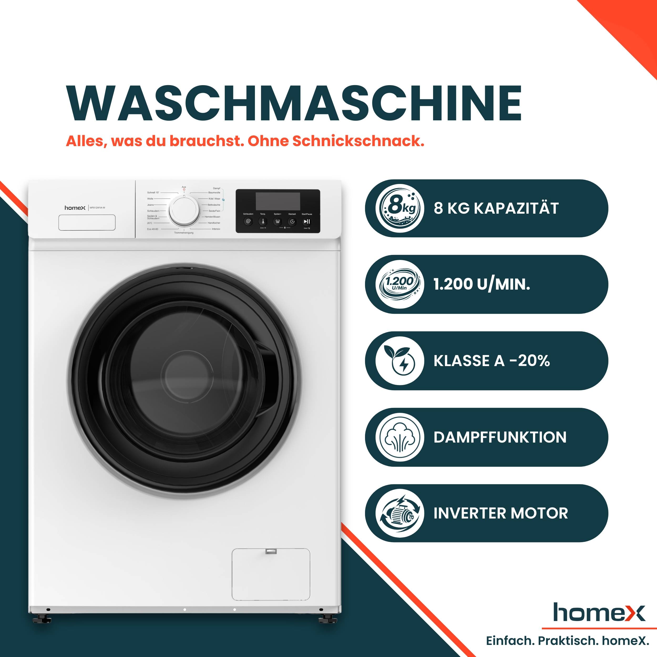homeX WF812W1A-W Waschmaschine 8kg, Frontlader - 1.200 U/Min, Dampffunktion, Inverter Motor, Nachlegefunktion, weiß-1
