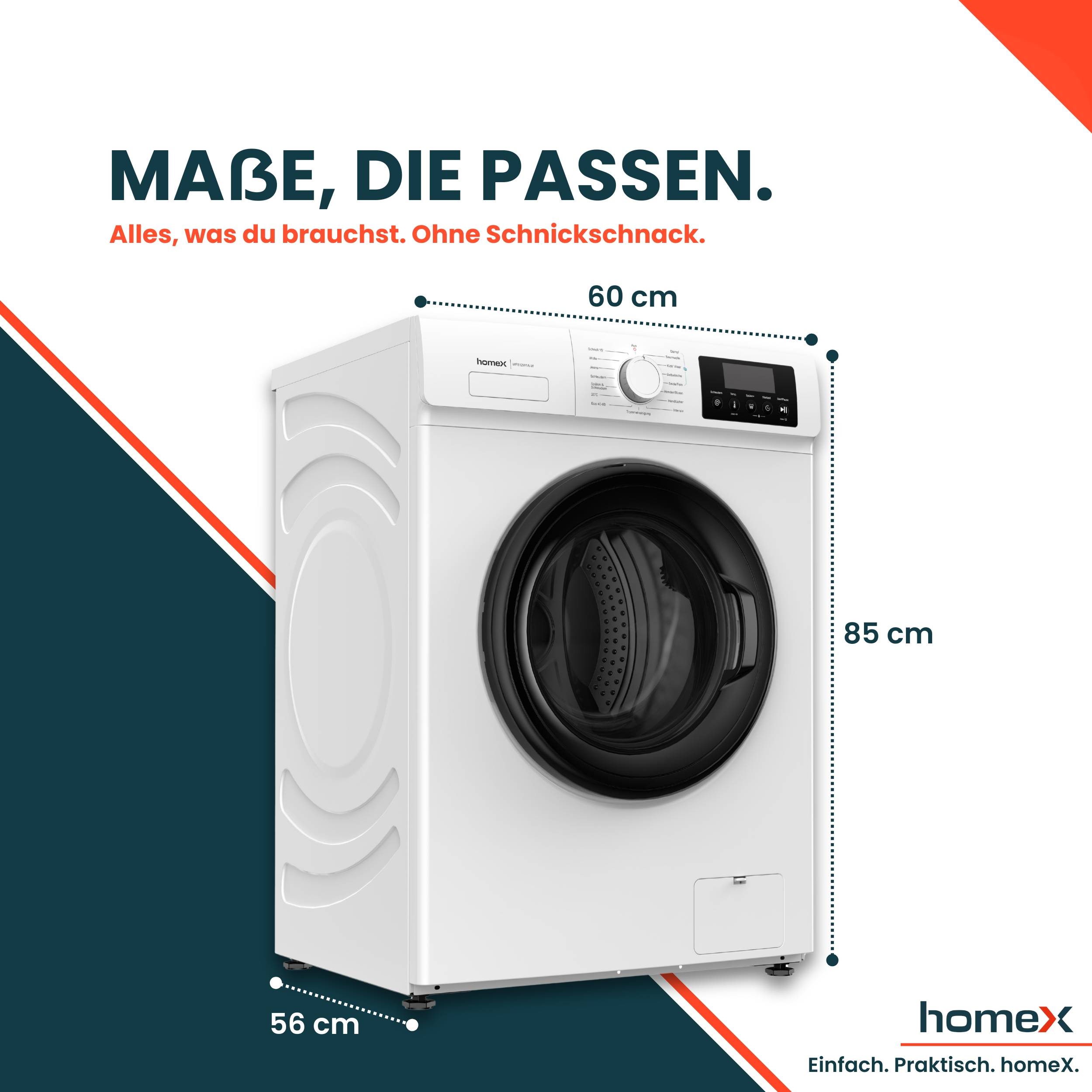 homeX WF812W1A-W Waschmaschine 8kg, Frontlader - 1.200 U/Min, Dampffunktion, Inverter Motor, Nachlegefunktion, weiß-2