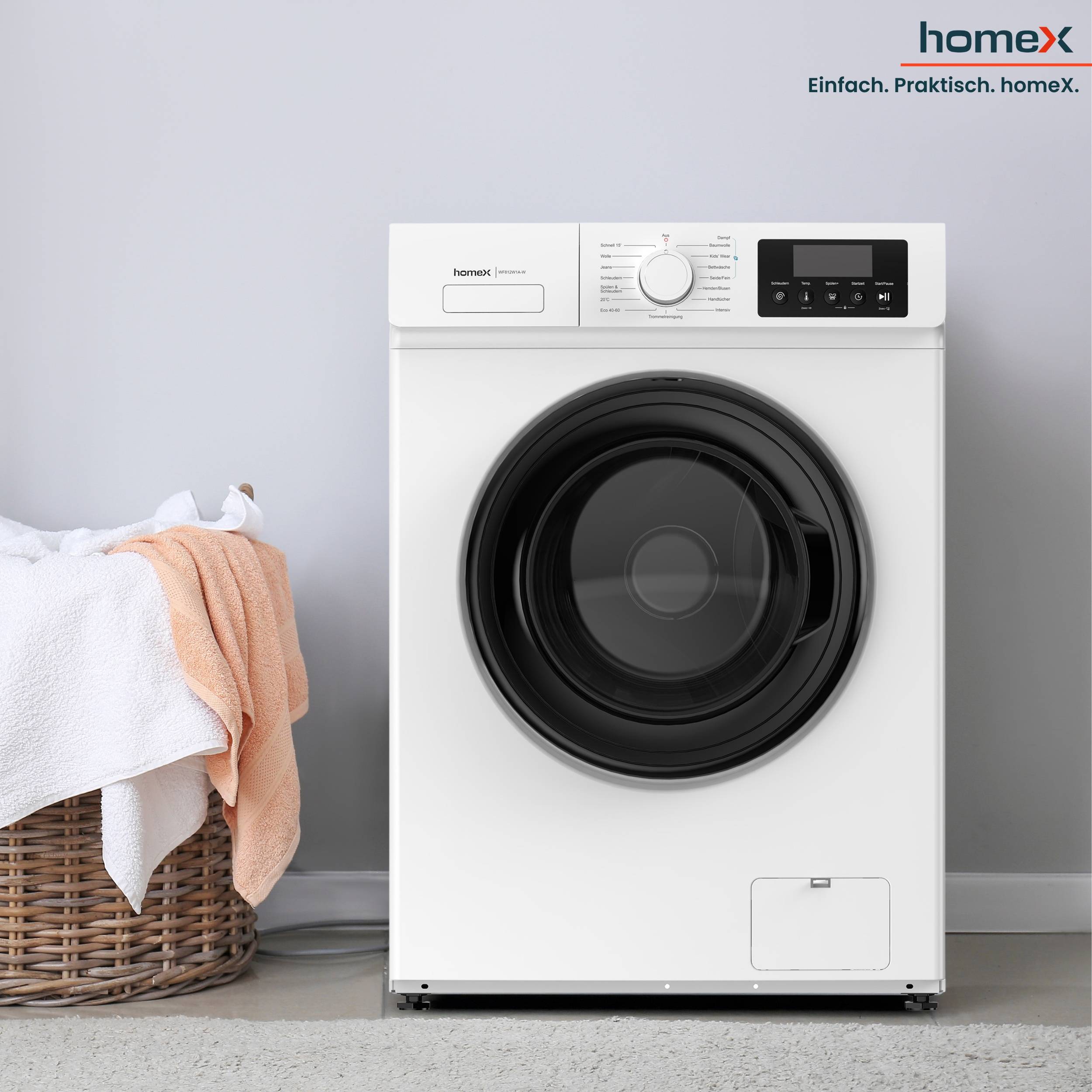 homeX WF812W1A-W Waschmaschine 8kg, Frontlader - 1.200 U/Min, Dampffunktion, Inverter Motor, Nachlegefunktion, weiß-3