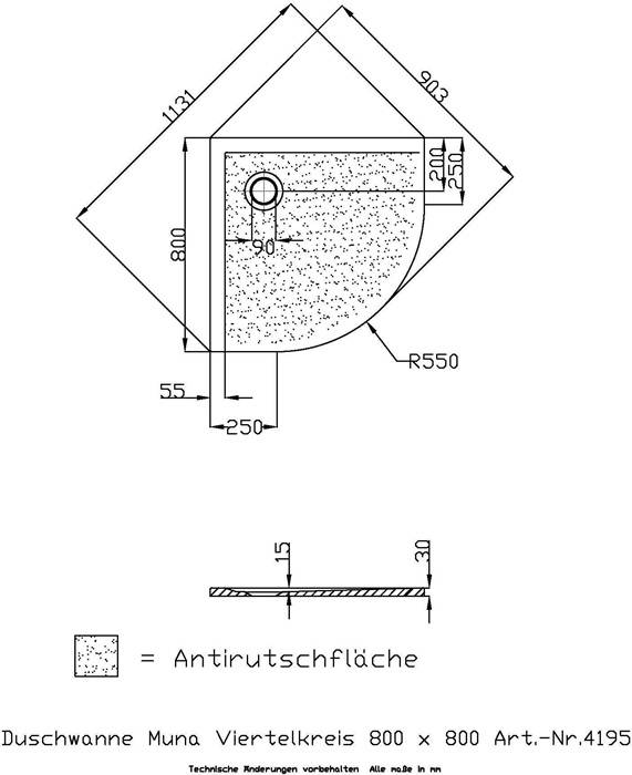HO DW Muna 1/4-Kreis 800x800x30 mit Antirutsch, Material Solique, Weiß-1