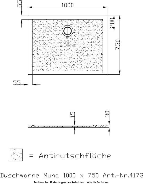 HO DW Muna 1000x750x30 mit Antirutsch, Material Solique, Weiß-2