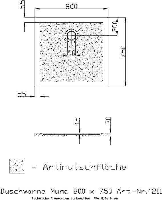 HO DW Muna 800x750x30 mit Antirutsch, Material Solique, Weiß-2