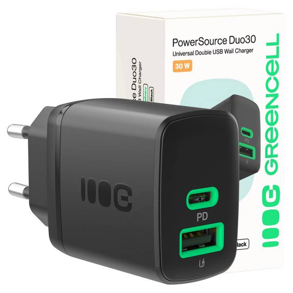 Greencell PowerSource Duo30 Charger USB/USB-C Black Power Adapter 30W Delivery Kabel & Netzwerk