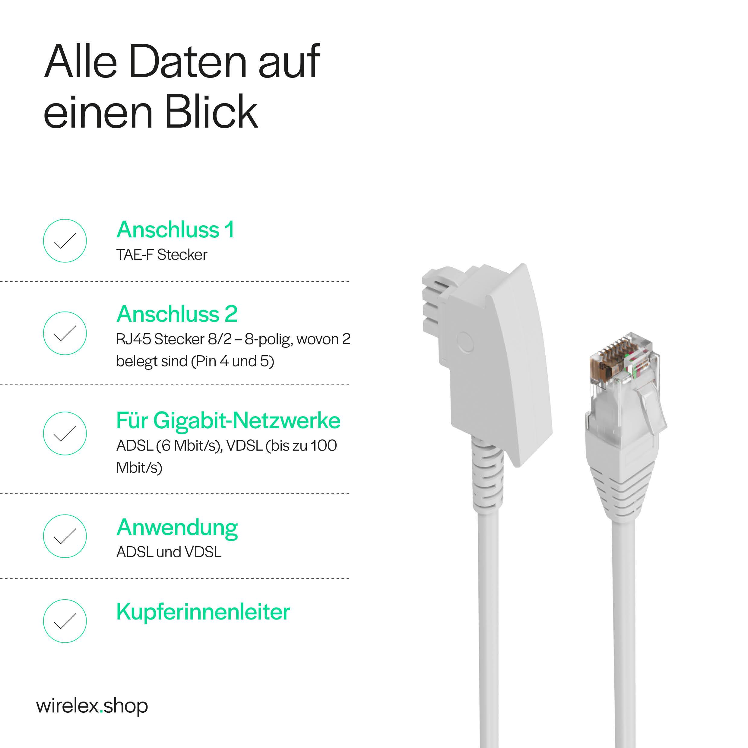 KABELBUDE.EU VDSL Routerkabel TAE-F-Stecker auf RJ45-Stecker 2-polig belegt Kupfer Weiß 0,5m-2