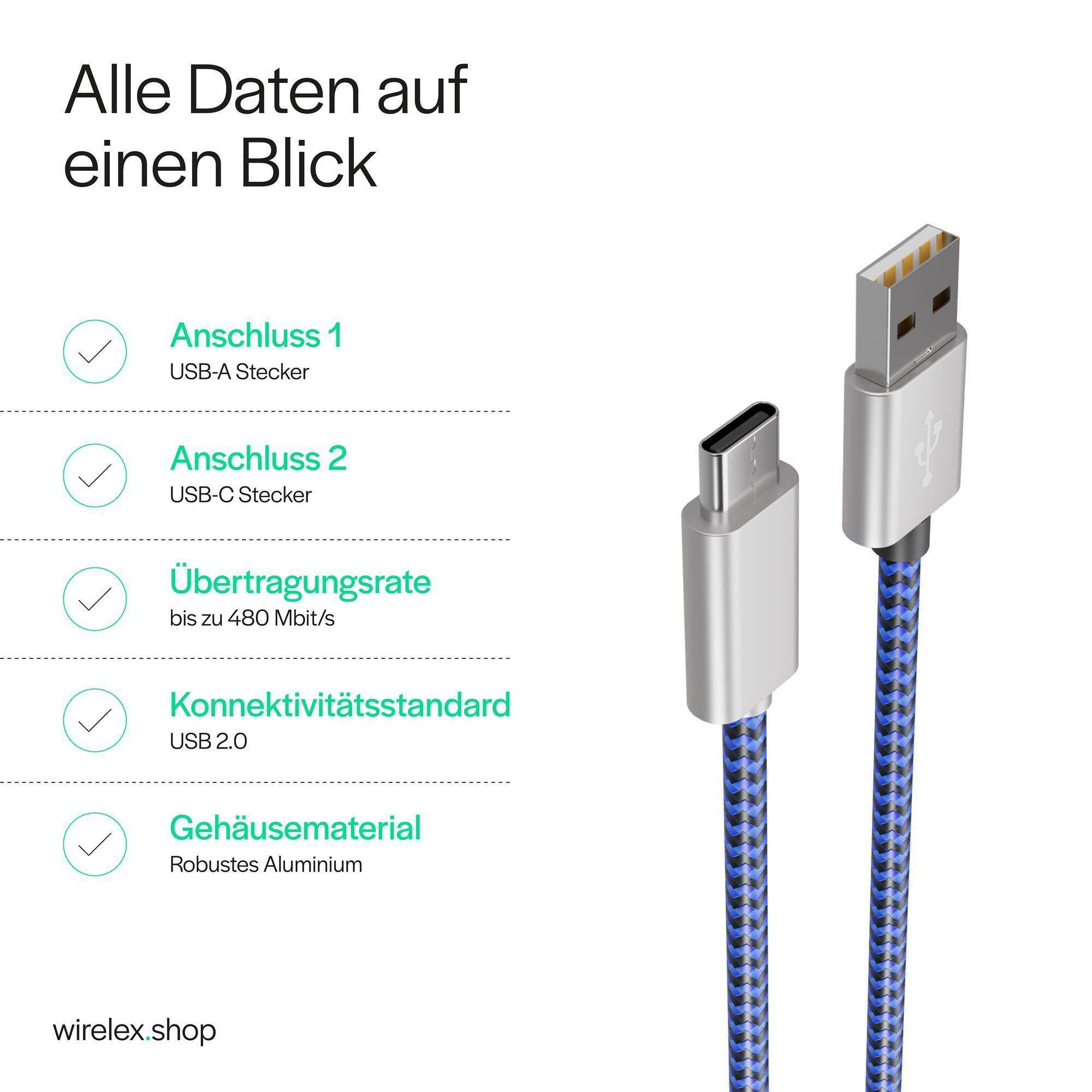 USB-Ladekabel A Stecker auf USB Typ C, blau 0,9m Aluminium Nylon 480 Mbit/s-2
