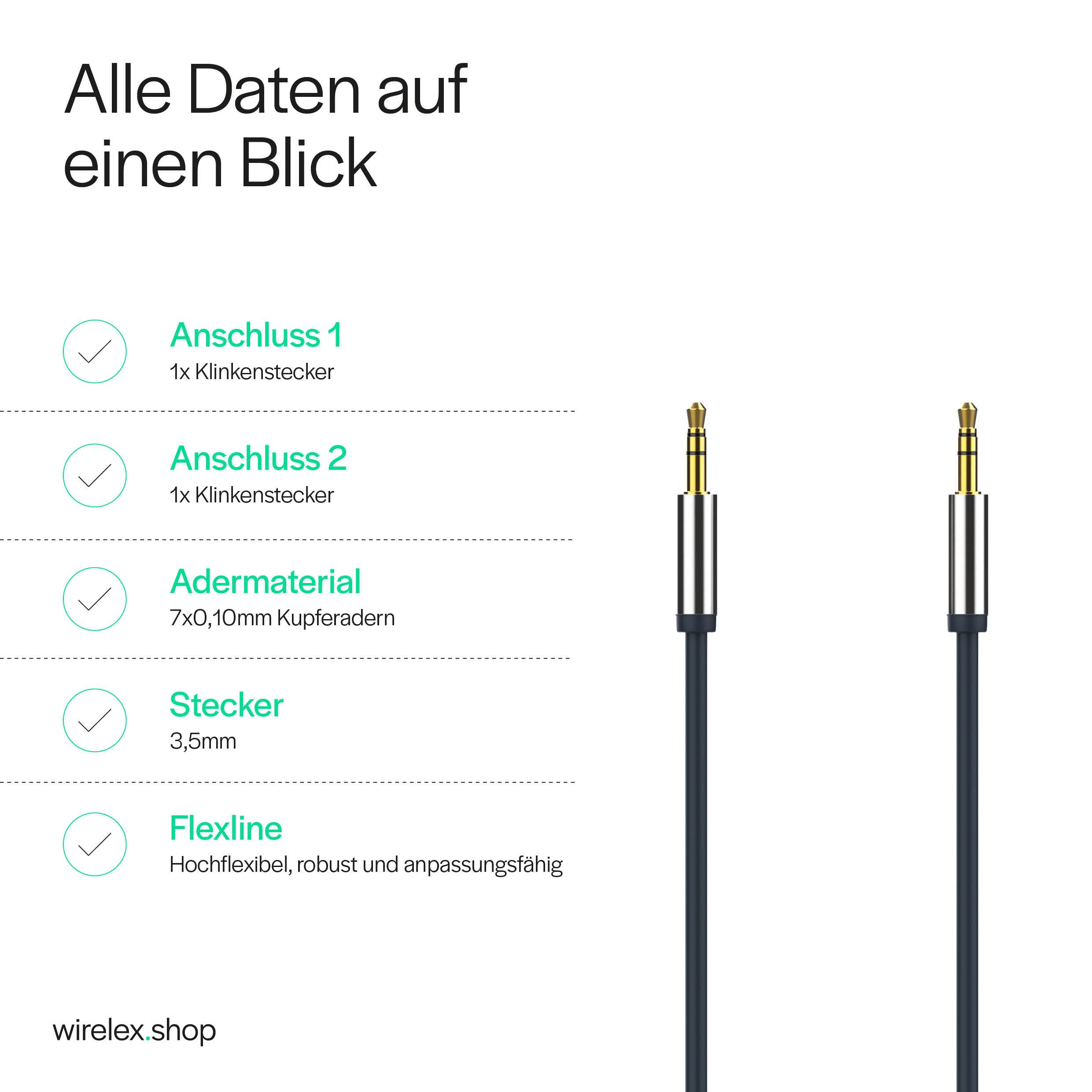 Flexline Klinkenkabel 1,5 m 3,5-mm-Stecker auf 3,5-mm-Stecker hochflexibel vergoldet Kupfer Chrom-2