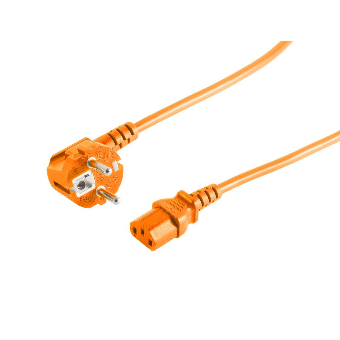 Netzanschlusskabel Schutzkontaktstecker 90° CEE7/7 auf Kaltgerätebuchse C13 VDE 3x0,75 mm² orange 1,8 m