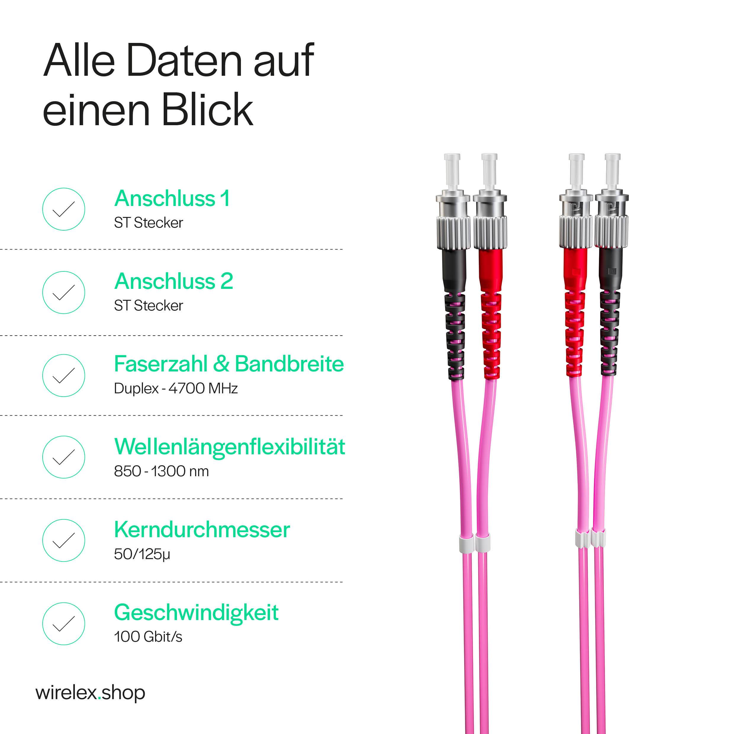 KABELBUDE.EU LWL-Patchkabel ST-Stecker auf ST-Stecker OM4 Duplex 50/125µm Violett 1 m-6