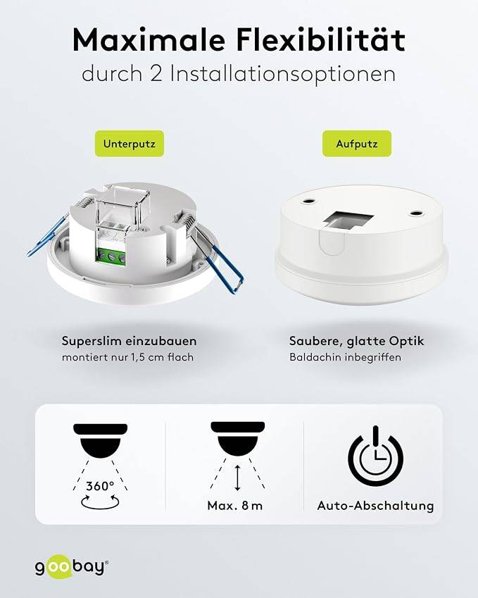 Goobay Bewegungsmelder 2in1 Weiß, Aufputz & Unterputz, PIR 360°, 8 m Reichweite, IP20-5