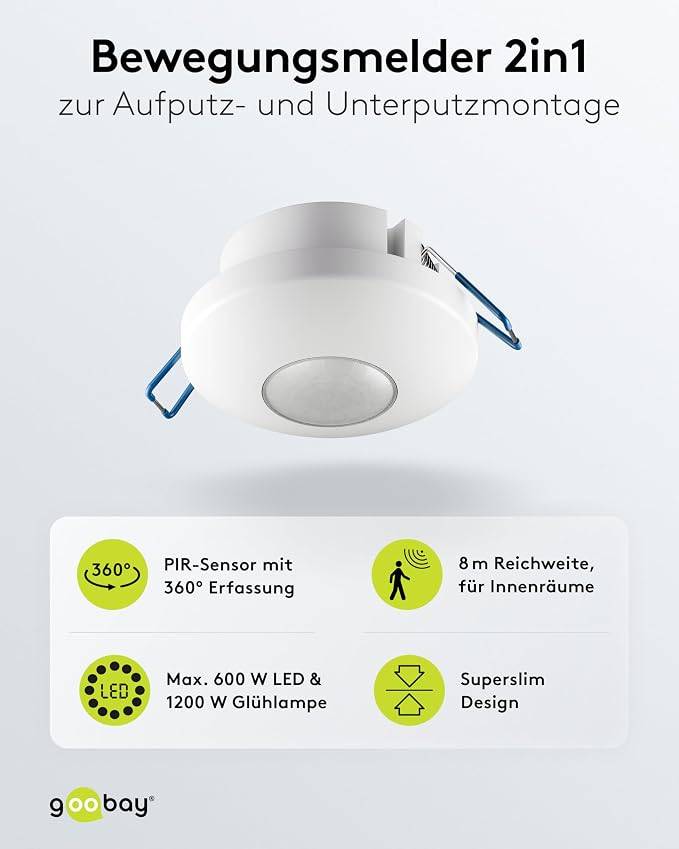 Goobay Bewegungsmelder 2in1 Weiß, Aufputz & Unterputz, PIR 360°, 8 m Reichweite, IP20-2