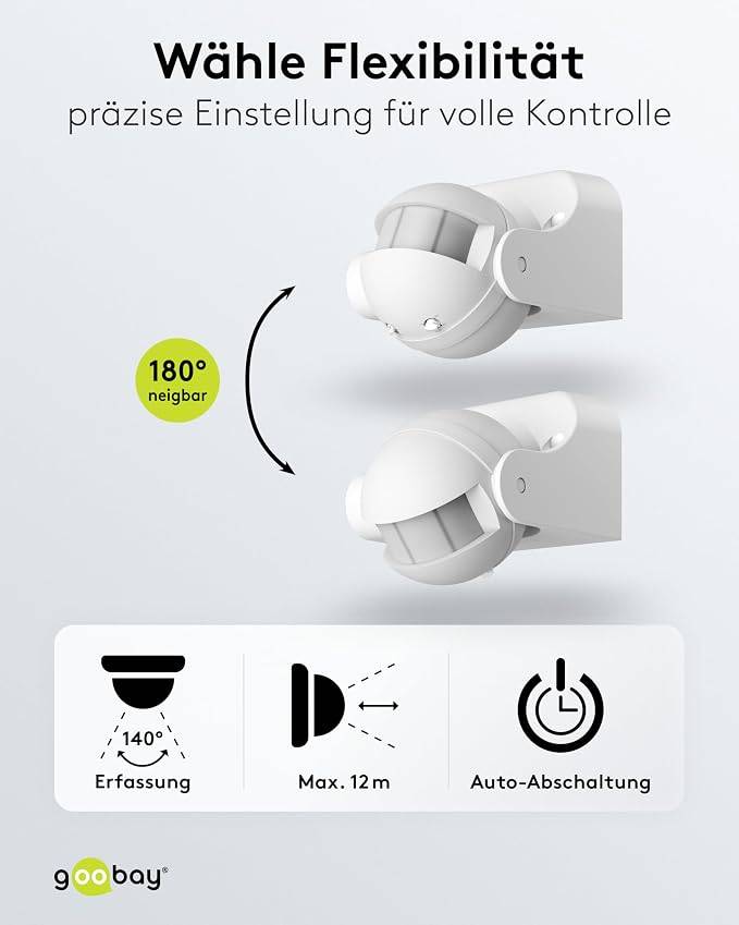 Goobay Bewegungsmelder Weiß, neigbar, 140° PIR Sensor, 12 m Reichweite, IP44, LED geeignet-5