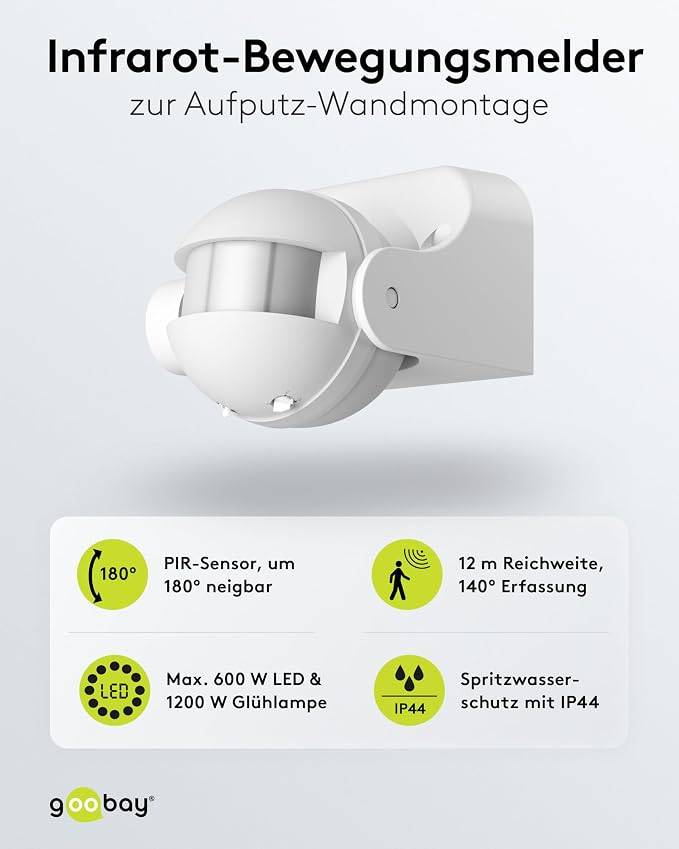 Goobay Bewegungsmelder Weiß, neigbar, 140° PIR Sensor, 12 m Reichweite, IP44, LED geeignet-2